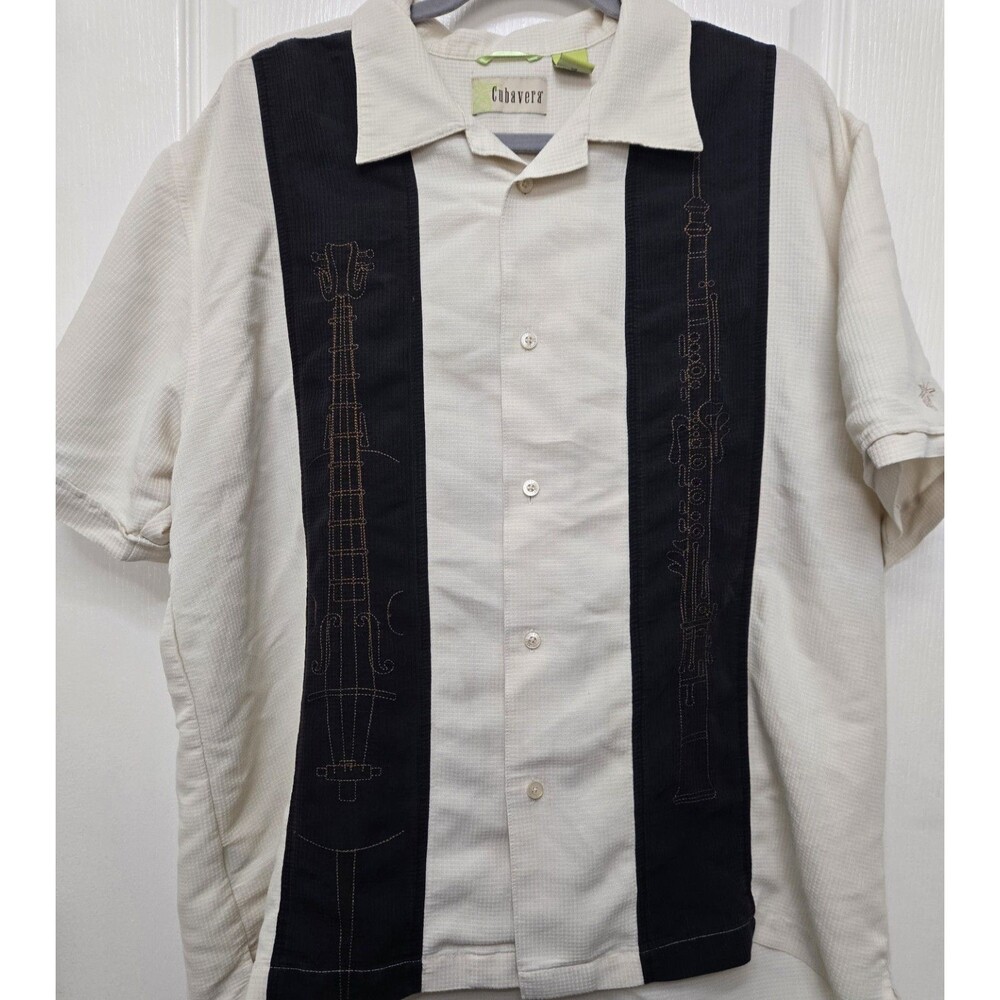 Cubavera Men’s Jazz Instrumental Button Up Shirt Cream & Black Embroidery XL